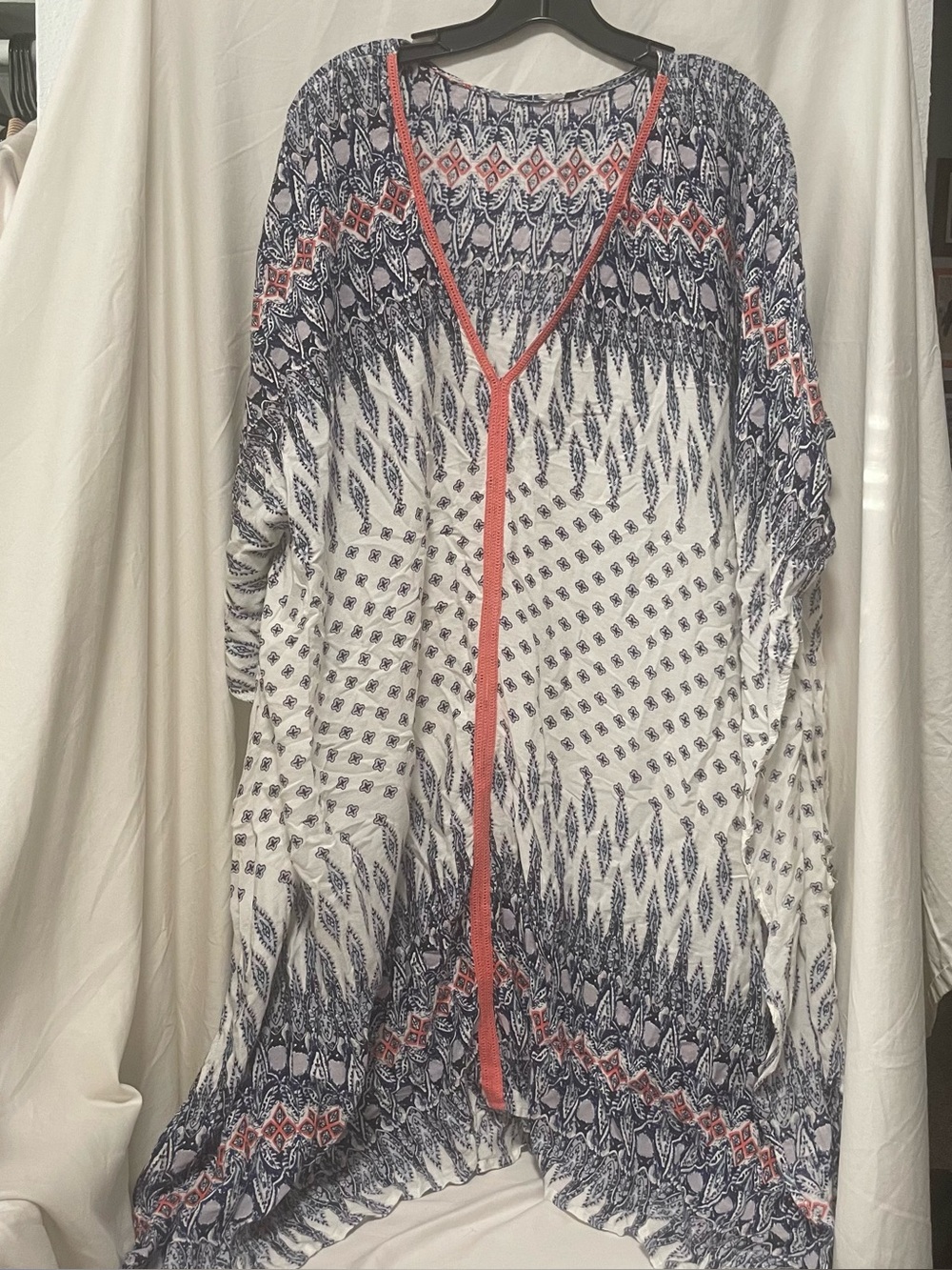 Boho Printed Cover-Up in Navy, White & Coral Trim
